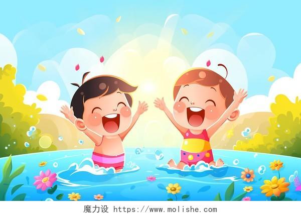 两个可爱的小孩快乐玩水卡通AI插画儿童游泳安全教育